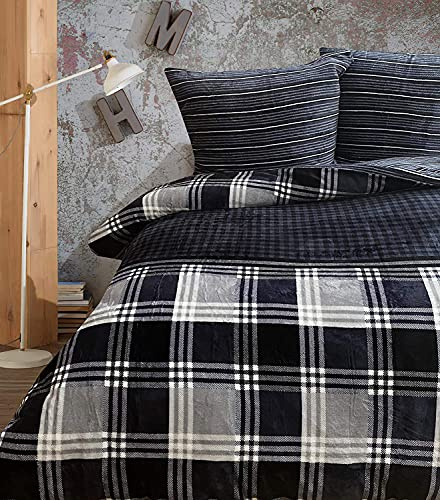 one-home Winter Bettwäsche Teddy Plüsch Kariert anthrazit grau Cashmere Touch Fleece Warm, Größe:4 teilig 155x220 cm