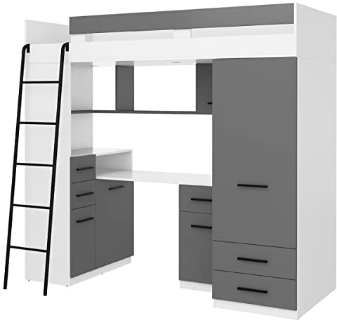 BIM Furniture Hochbett Etagenbett Entresole SMYK L Bett 200x80 cm mit Treppen Kinderbett Kleiderschrank Regal Schreibtisch Kinder Möbel Set Linke Seite (Weiß/Graphit)