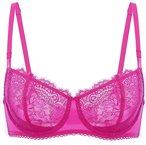 DOBREVA Women's Lace Balconette Bra Half Cup Non Padded Push Up Underwire Sheer Bras Bright Fuchsia 36C