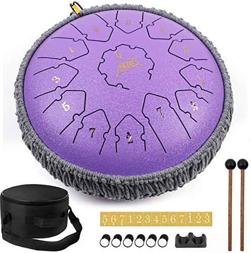 Zungentrommel,AKLOT Tongue Drum 12 Zoll 13 Notizen Handpan Stahlzungentrommel C Dur Steel Tongue Drum mit Schlegel Hinweis Aufkleber Finger Picks Mallet Bracket und Tasche
