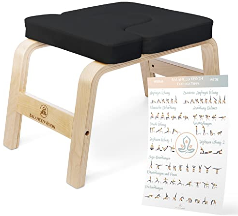 Balanced Vision® Kopfstandhocker, Yoga Kopfstand Stuhl aus Birkenholz mit PU Polster für Zuhause und Fitnessstudio, Yoga Zubehör, Yoga Poster, für Körper und Geist und Freizeit (schwarz)