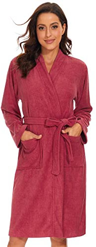 vislivin Leichter Bademantel Damen Frottee Bademantel Sauna Morgenmantel Knielanger Saunamantel Bathrobe Damen Weinrot L