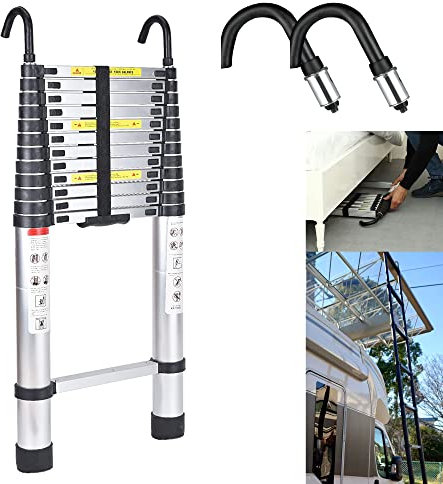 5M Heavy Duty Telescopic Ladders With Hooks 14 Steps Aluminum Extending Roof Ladder for Multi-Purpose Indoor Outdoor Roof Work Decoration Builder Supply 150KG Capacity