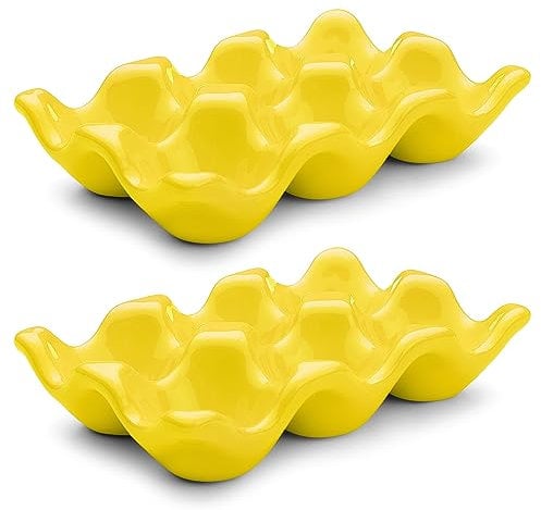 Flexzion Eierkiste aus Porzellan – Keramiktablett mit 6 Kapazitäten, halbes Dutzend Halter für Kühlschrank, Arbeitsplatte – gelbe dekorative Servierschale und Aufbewahrungs-Organizer, 2 Stück