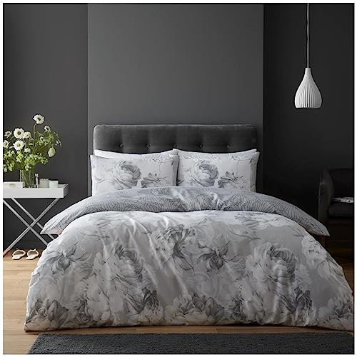 VELVETIO Luxury Floral Duvet Cover Set with Pillowcases, English Rose Flower Bedding Bedset, Reversible Polycotton Botanical Comforter Quilt, 3 Pcs King Size, Grey