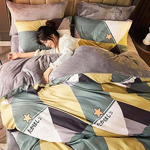 BONOOL Bedding 4 Piece Bed Sheet Set Coral Fleece Four-Piece Suit Double-Sided Plus Fleece Winter Three-Piece Suit Milk Flannel Duvet Cover Bed Linen-Cat-Yellow_1.8m Bed (Norway fan)