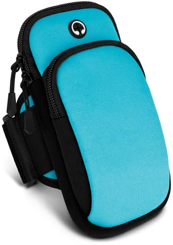 ONEFLOW Premium Sportarmband Handy Armband zum Joggen kompatibel mit Apple iPhone 15 | Lauftasche Smartphone Armtasche weich, 2 Fächer - Sport Handyhalterung Arm, Blau