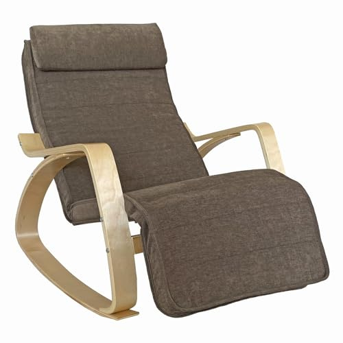 WeHome Swing Amor Schaukelstuhl mit Armlehnen aus Holz, Rocking Chair, Schaukelsessel mit Verstellbarer Fußstütze, Wohnzimmerstuhl, Schlafzimmersessel (Stoff, braun)