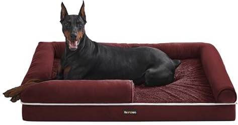 Feandrea Orthopädisches Hundebett, Hundekissen, Hundekorb, weiche Polsterung, Hundesofa, erhöhte Ränder, Bezug abnehmbar und waschbar, 120 x 85 x 20 cm, rutschfeste Unterseite, beerenrot PGW078R01