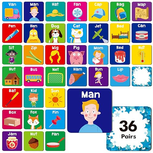 Hebayy CVC Word Matching Game, 72 PCS CVC Words Memory Matching Cards for Toddlers 36 Pairs Memory Cards Educational Toys for Preschool Boys & Girls 4 5 6 Years Old