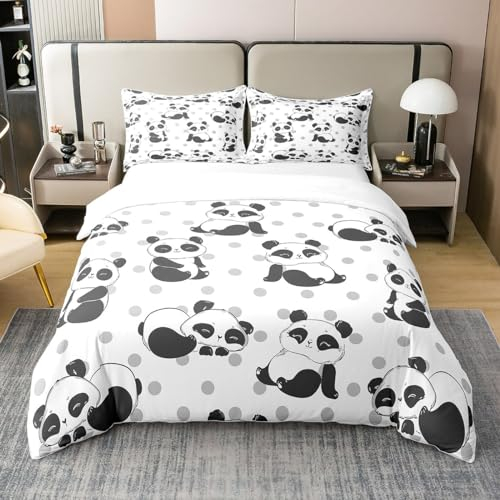 richhome Kawaii Panda 100% Natur Baumwolle Bettbezug 135x200, Cartoon Wild BearSoft Bettwäsche Set, graue Punkte Tröster Abdeckung Bettwäsche (kein Tröster)