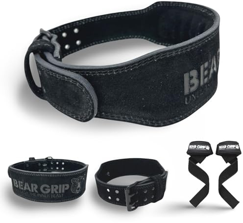 BEAR GRIP Weight Lifting Belt for Men & Women – Premium Suede Leather Gym Belt for Deadlifts, Squats - Double Prong Powerlifting Belt for Strength & Weight Training (Black, Medium)