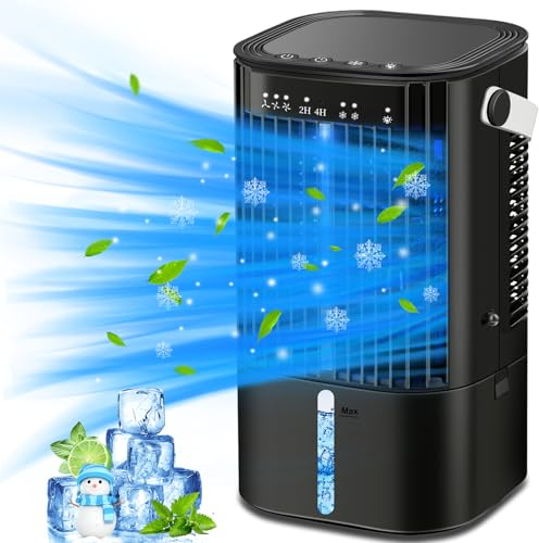 Air Cooler Protable Air Conditioner,Mobile Air Conditioning 4-In-1 Mini Fan,Personal Cooling Adjustable Fan and Humidifier with 3 Fan Speeds, Timer&7 Colors LED lights, for Room Desk Home Office-Black