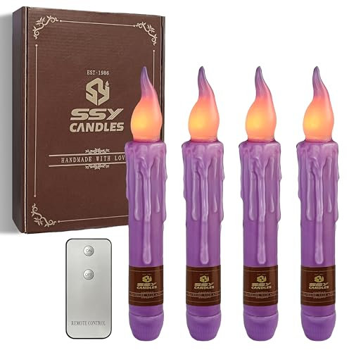 FCMSHAMD Purple Flameless Short Taper Candles, Real Wax Hand Dipped LED Battery Operated with Remote, Flickering Flame Lights for Festival Party Home Décor, 6.7 Inch Primitive Flameless Candles, 4PCS