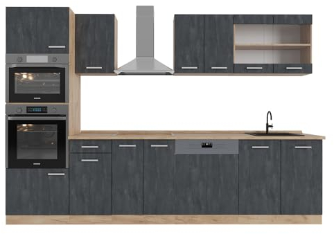 Vicco Küchenzeile R-Line, Schwarz Beton/Goldkraft Eiche, 300 cm ohne Arbeitsplatte