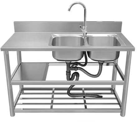 Gewerbliches Doppelwaschbecken Aus Edelstahl Mit Arbeitsplatte Und Doppelter Ablagefläche Mit Warm- Und Kaltwasserhähnen Und Abfluss, Geeignet Für Garagen Und Waschräume
