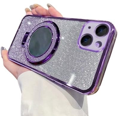 IMEIKONST Glitter Case for iPhone 13, Plated Flash Shell Makeup Mirror Ring Stand Function Camera Protector Shockproof Transparent TPU Cover for iPhone 13. Purple DSJ