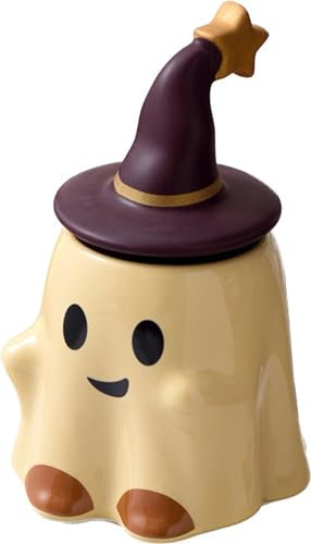 KKGUD Novelty Tea Cup, Ceramic 11oz Halloween Coffee Mug with Lid- Friendly Ghost (Yellow)