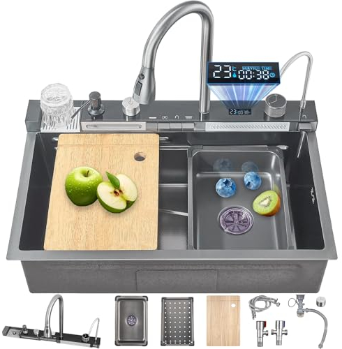 FGNIXLN 80 cm fregadero cocina en cascada inteligente multifuncional de acero inoxidable con pantalla digital, grifo integrado, lavavasos, dispensador de jabón y juego de accesorios para fregadero