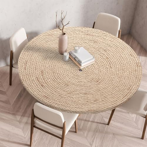Muiuou Nappe Exterieur Ronde, Grain de Bois Impression Élastique Imperméable Anti-Tache Lavable Rond Nappes pour Accueil Fêtes la Cuisine Jardin Tables Nappes