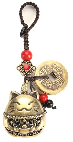 Mansiyuyee Maneki Neko Glückskatze Schlüsselanhänger aus Messing mit Feng Shui Münzen, Maneki Neko Statue Glücksbringer Glücksquaste, Messing, Medium