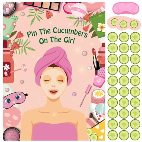 PLULON Jeu de fête spa pour filles épinglez le concombre sur fille 48 autocollants spa concombre Affiche jeu spa enfants maquillage anniversaire soirée pyjama fournitures fête pyjama décoration femmes