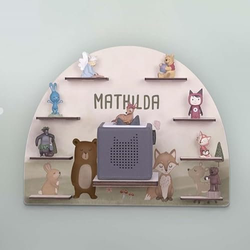 hellomini Tonie Regal Mädchen mit Wunschnamen - Personalisiertes Toniebox Regal fürs Kinderzimmer - Regal Tonie Figuren Mädchen - Toniebox Aufbewahrung (Waldtiere Druck)