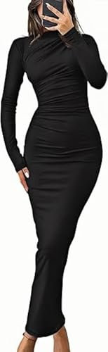 Haibang Women Bodycon Maxi Dress Sexy Lounge Long Dress Elegant Long Sleeve Ruched Dresses Crew Neck Slim Fit Cocktail Night Club Party Dress Black
