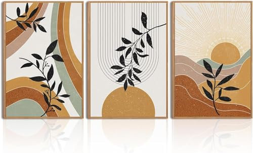 ANHUIB Large Boho Framed Wall Art Painting Mid Century Modern Decor Prints Bohemian Artwork Nature Plants Desert Sun Art Paintings Boho Canvas Wall Decor for Living Room Bedroom 12x16 Inch 3 Pieces