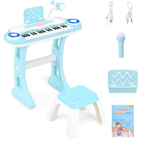GOPLUS 37 Tasten Spielzeugkeyboard, Klaviertastatur mit Notenständer, Mikrofon, Lichtern & Hocker, Keyboard mit 8 Rhythmen & 8 Instrumentenklängen für Kinder ab 18 Monaten (Blau)