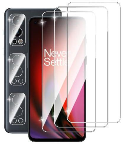 Dlxiks Protector de Pantalla para OnePlus Nord 2 5G, 3 Cristal Vidrio Templado con 3 Protector de Lente de Cámara, Dureza 9H, fácil instalación, Sin Burbujas, Antiarañazos, HD Transparente