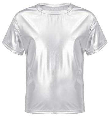 Fldy Kinder T-Shirt Metallic Shirt Karneval Rundhals Glänzendes Top Jungen Mädchen Glitzer Party Festival Oberteil Tanzshirt Silber 134-140