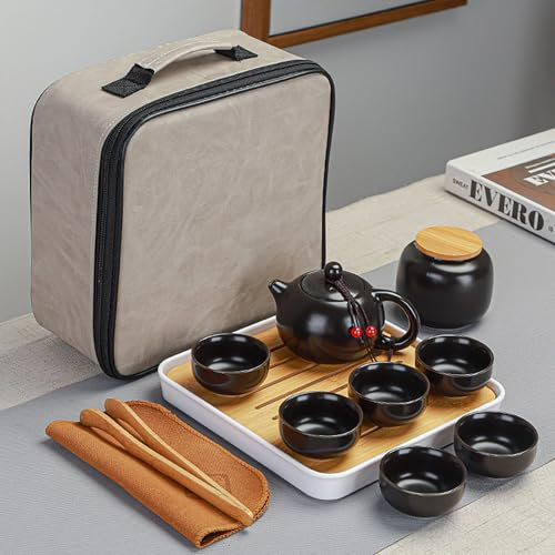 AYES Portable Tea Sets with 1 Teapot Set, 6 Tea Cups, Travel Bag, 1 Tea Tray, 1 Tea Canister - Asian Chinese Japanese Porcelain Vintage Tea Service for Women Mens Tea Lover Enjoy Life Gifts Black