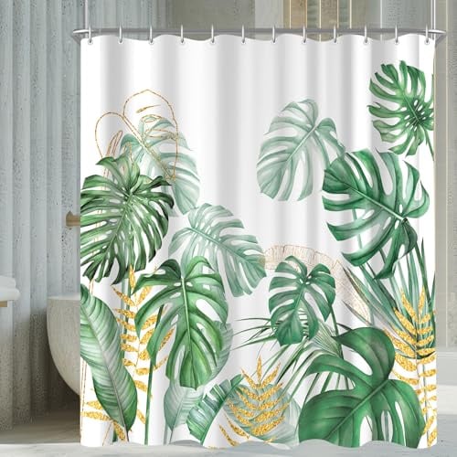 Rideau de douche 180 x 200 cm - Motif feuilles de bambou dorées - Ourlet lesté - Anti-moisissure - Imperméable - Lavable - En polyester - Avec 12 œillets et anneaux de rideau de douche - Pour salle de