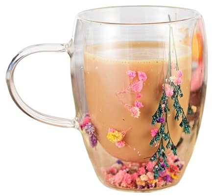 Tasse à café en verre transparent à double paroi 350 ml pour cappuccinos avec fleur sèche transparente