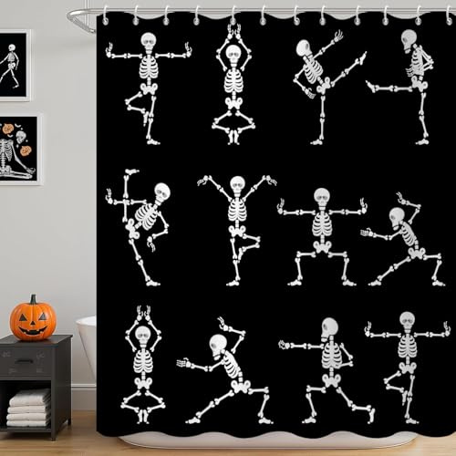 GCIREC Duschvorhang, 120x200cm, Schwarz und Weiß Halloween Cartoon Lustiger Totenkopf Skelett Tanzen Wasserdichter Stoff Maschinenwaschbarer Badezimmervorhang mit Haken