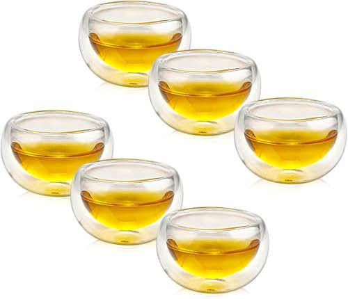 Juego de 6 tazas de té de cristal de doble pared, 100 ml, asiáticas, transparentes, resistentes al calor, pequeñas tazas de café