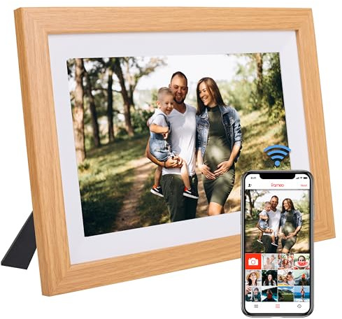 Marco de Fotos Digital WiFi Moldura Digital en Madera Natural 32GB Digital Photo Frame Pantalla Táctil IPS 10.1” Rotación Automática Soporte USB/SD Marco Digital Comparte Fotos con Frameo (Roble)