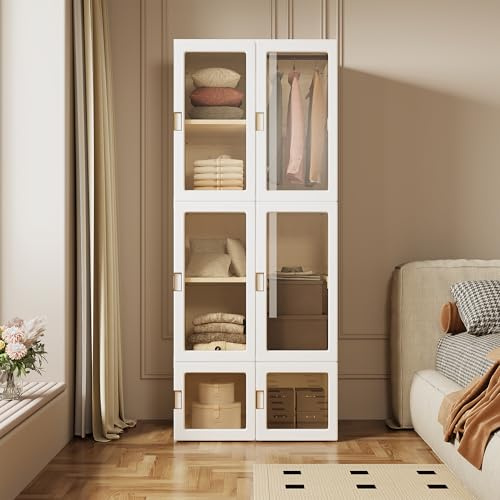 TIMORWTF Armadio pieghevole portatile, 10 scomparti, 6 ante e barra per appendere, armadio in plastica, porte trasparenti, funzione di aspirazione magnetica, 69 x 50 x 170 cm, bianco