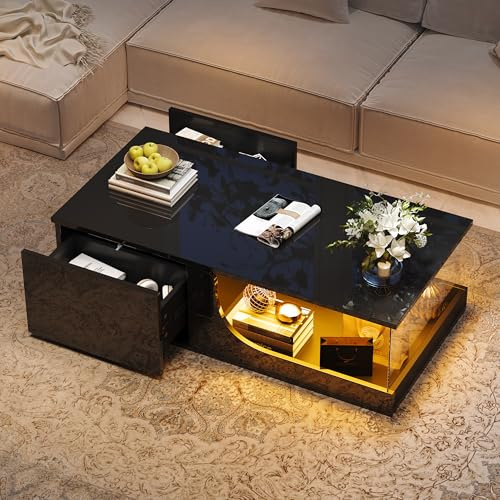 Soweiz Hochglanz Wohnzimmer Beistelltisch, 100x50x30cm Couchtisch, Sofatisch mit 2 Schubladen, kaffeetisch mit LED,Tragender Tisch aus gehärtetem Glas, Schwarz