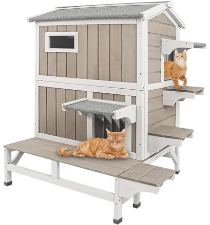 Magazoopet 2-Story Outdoor Cat House Weatherproof with 3 Jumping Platforms | Wooden Feral Cat Shelter with Feeding Station, 3-Door Access, Balcony and Openable Roof for Cats and Small Animals, Grey