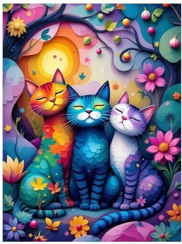 Qiukoo Diamond Painting Kinder Katze, 5D Diamant Painting Bilder Bunte Katzenfreunde, DIY Mosaikherstellung Bastelset für Haus Wand Dekoration Weihnachtsgeschen 30x40cm