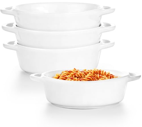 Hioph Pie Dish for Oven, 4 Pack Oval Baking Dish Set, Oven Lasagne Dish | White Small Ceramic Bakeware with Lids for Lasagne, Pies, Soufflé, Casserole and Single-Serving, Microwave & Dishwasher Safe