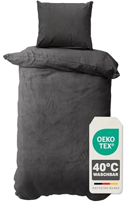 Devior Cashmere Touch Bettwäsche Winter 2-teilig, Anthrazit – 155x220 & 80x80 cm – Flauschig warme Bettwäsche für den Winter – Bettbezug flauschig mit Reißverschluss – Wendeoptik – Oeko-TEX®