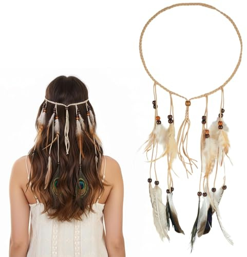 wlertcop Damen Stirnbänder Hippie Boho Haarband Haarschmuck mit Holzperle | Indisch Kopfschmuck Feder Quasten Indianer Kostüm Damen Hippie Boho Haarband Gürtel Seil Weben für Festival Hochzeit Karneval