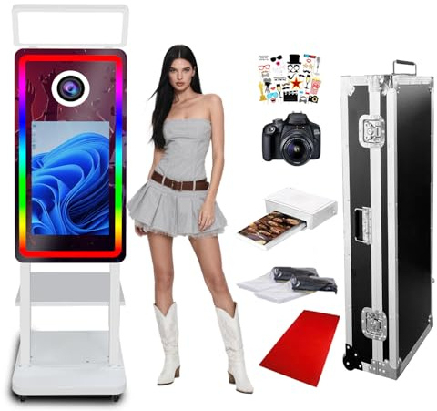 Magic Mirror Tragbare Fotobox mit 21,5 Zoll Touchscreen, Einstellbarer Beleuchtung, Sofortdruck, Foto Spiegel Kabine für Partys, Weihnachten, Hochzeiten (White, Full Set)