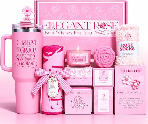 Austika Trends Birthday Gifts for Women – Self Care Gift Set with 40oz Stainless Steel Insulated Tumbler, Ocean Pink Thermal Cup Gift Basket for Mum, Wife, Girlfriend, Sister, Best Friend, Teacher