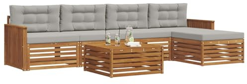 vidaXL Outdoor-Sofagarnitur mit Kissen 6 pcs Natürlich und Hellgrau, Outdoor Sofa, modernes Gartenmöbel für Terrasse, gemütliches Sitzset, robust und stilvoll