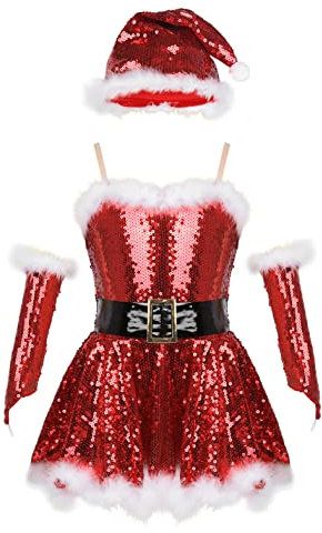 MSemis Mädchen Weihnachten Kleid Festlich Pailletten Shiny Partykleid Glitzer Eiskunstlauf Kleid Weihnachtskleid + Weihnachtsmütze + Handschuhe Rot A 146-152