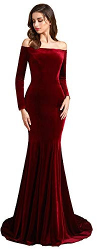 SSPbridal Off Shoulder Velvet Prom Dresses Mermaid Long Sleeves Formal Evening Party Gowns with Court Train pp123, Burgundy, 18